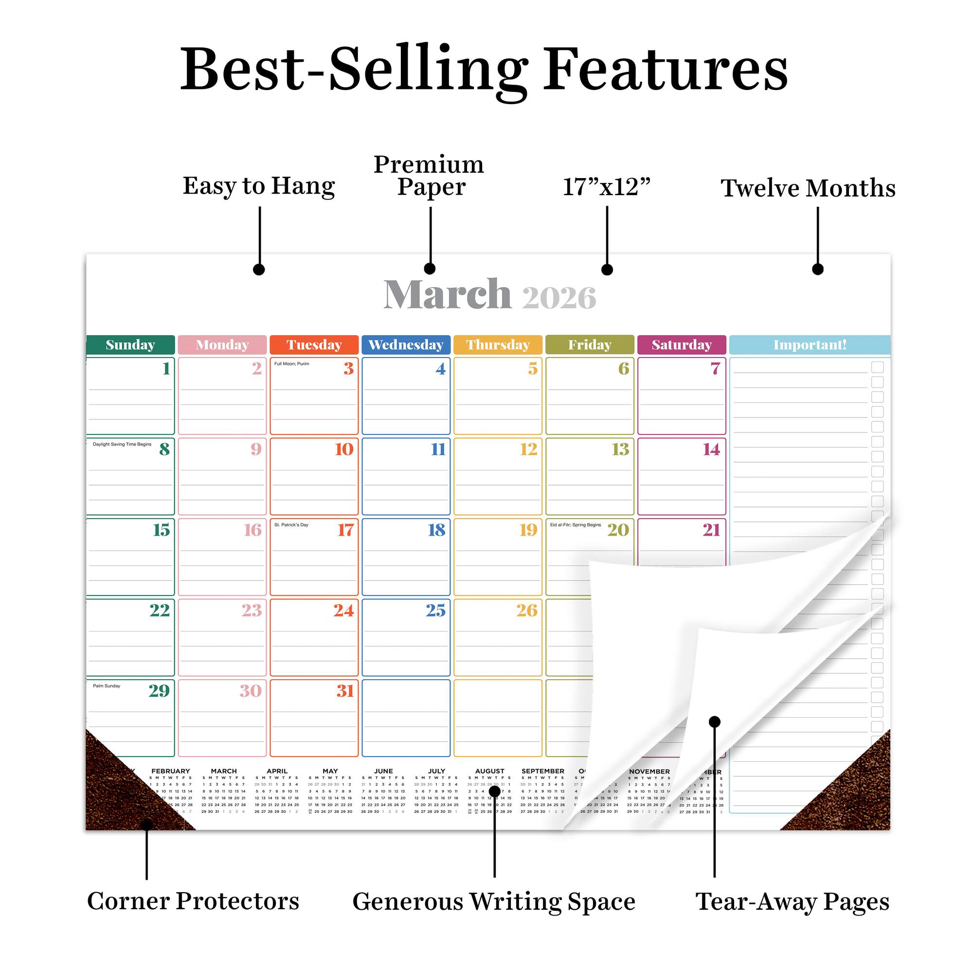 2026 Rainbow Blocks Medium Desk Pad Monthly Blotter Calendar